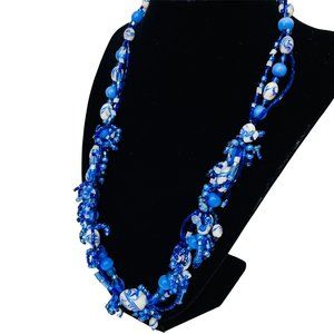 Murano Blue White Glass Bead Necklace Multi Strand Magnetic Close 22 in